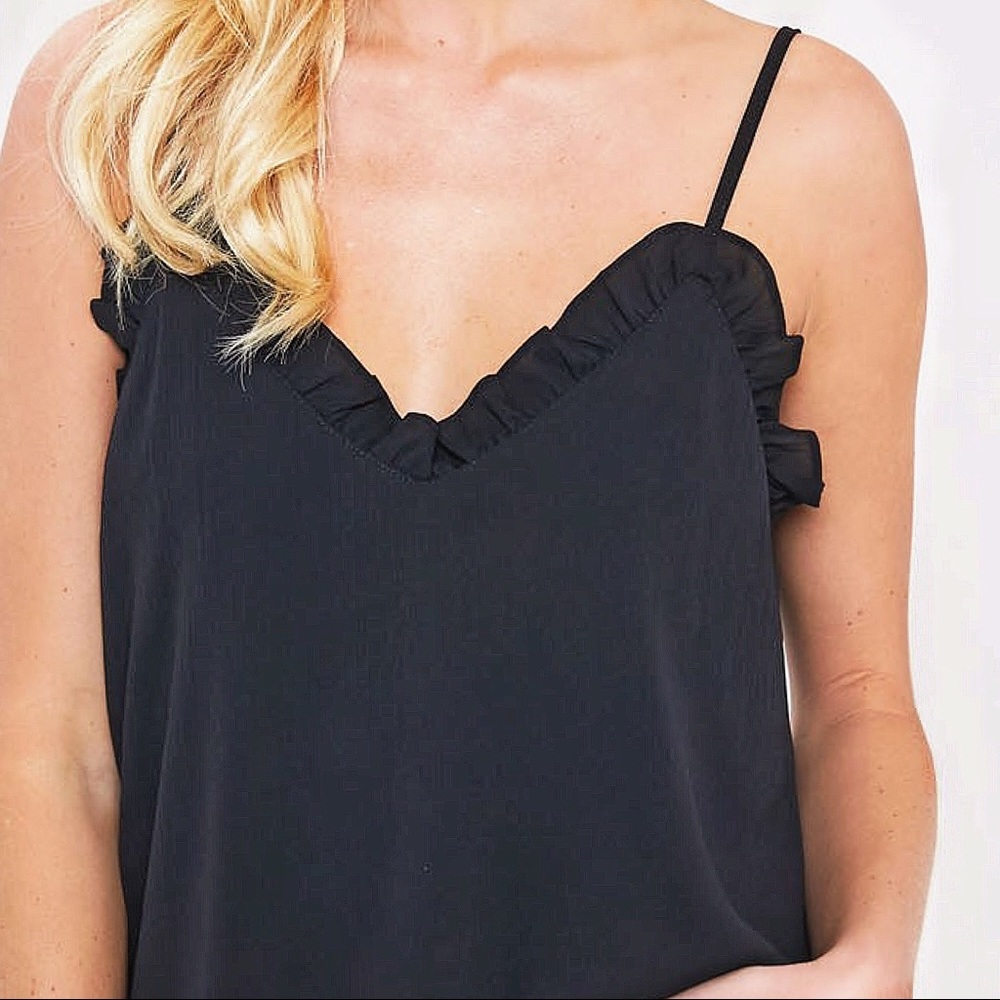 Black Ruffle Camisole Top Textured Chiffon - Picture 2 of 9